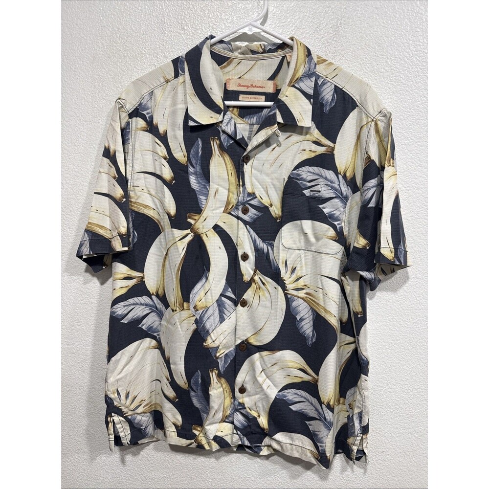 Tommy Bahama 100% Silk Hawaiian Button-down Mens Shirt, Banana Print EUC